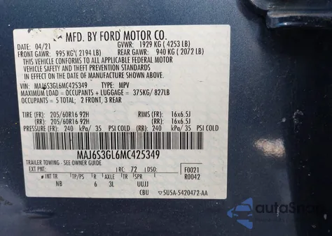 2021 Ford Ecosport Se z USA, uszkodzony, nr VIN MAJ6S3GL6MC425349